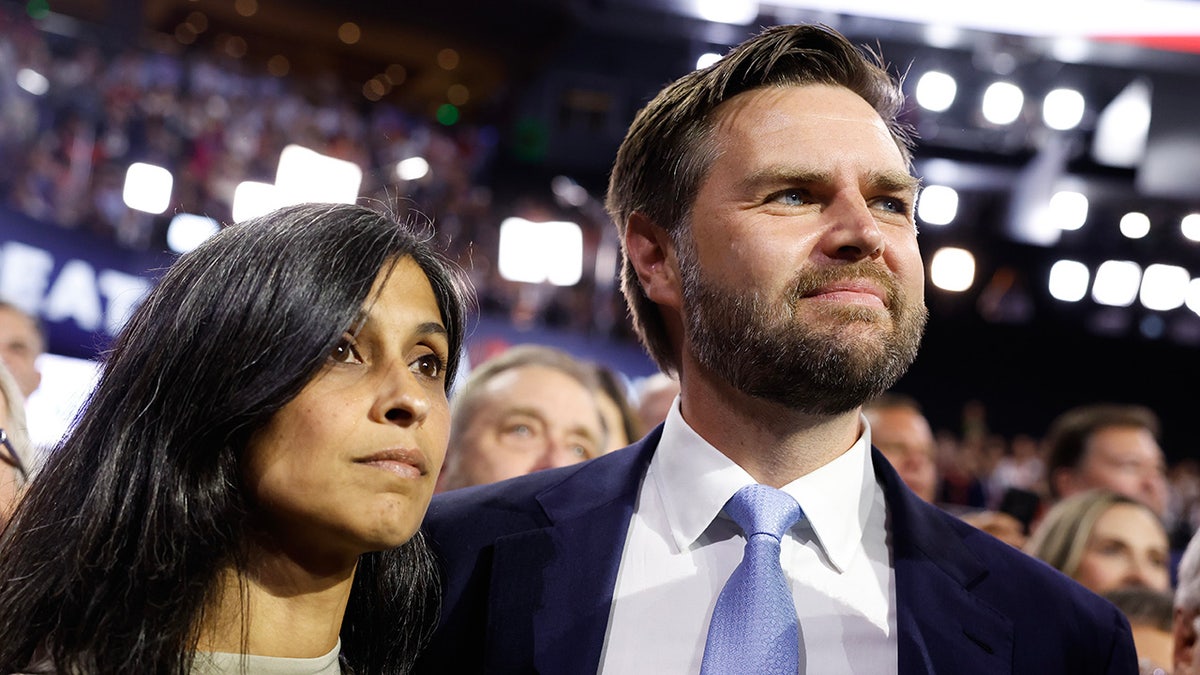 J. D. Vance and his wife Usha Vance arrive at the first day of the 2024 Republican National Convention in Milwaukee, Wisconsin