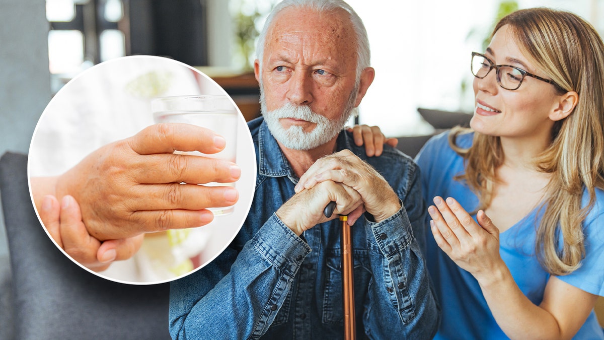 Elderly man with healthcare worker and a close-up of a trembling hand