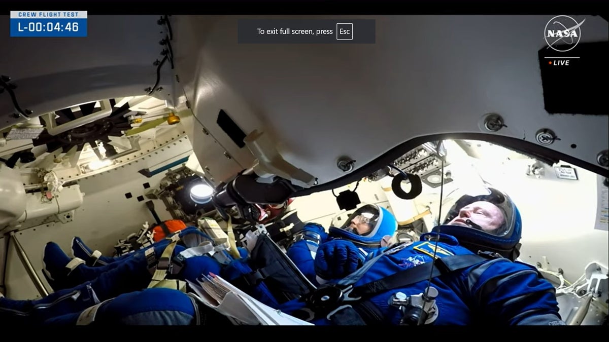 NASA astronauts Butch Wilmore and Suni Williams during NASA's live broadcast of their takeoff on June 5, 2024.